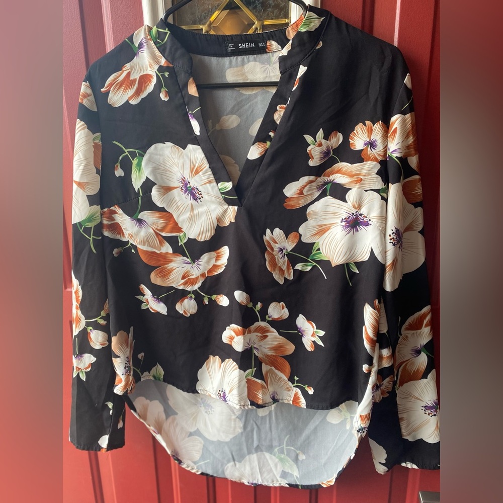 SHEIN satin longsleeve, high-low floral top